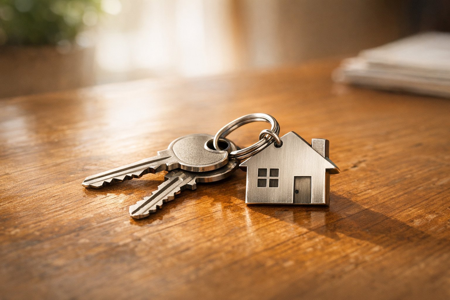 House keys with a home fob on a wooden surface